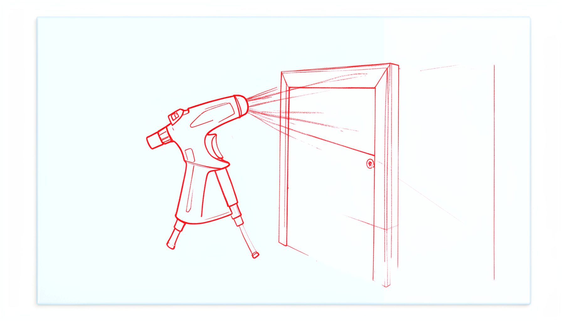 Minimal line drawing of a spray gun and a panel being painted, charcoal lines on a soft sky-blue tile, calm editorial mood.