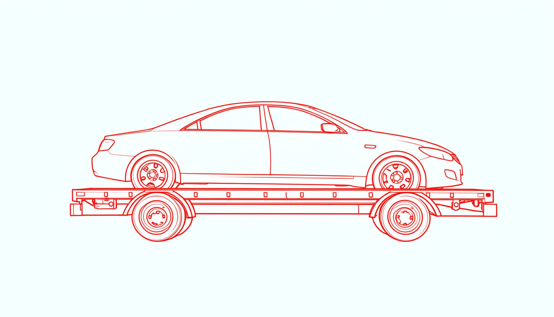 Minimal line drawing of a flatbed transport trailer carrying a sedan, charcoal lines on a soft sky-blue tile, calm editorial mood.