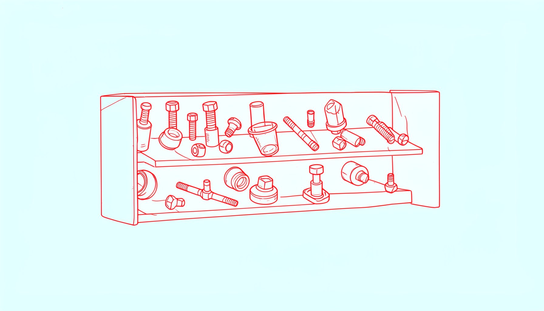 Minimal line drawing of a car parts shelf with bolts and filters, charcoal lines on a soft sky-blue tile, calm editorial mood.