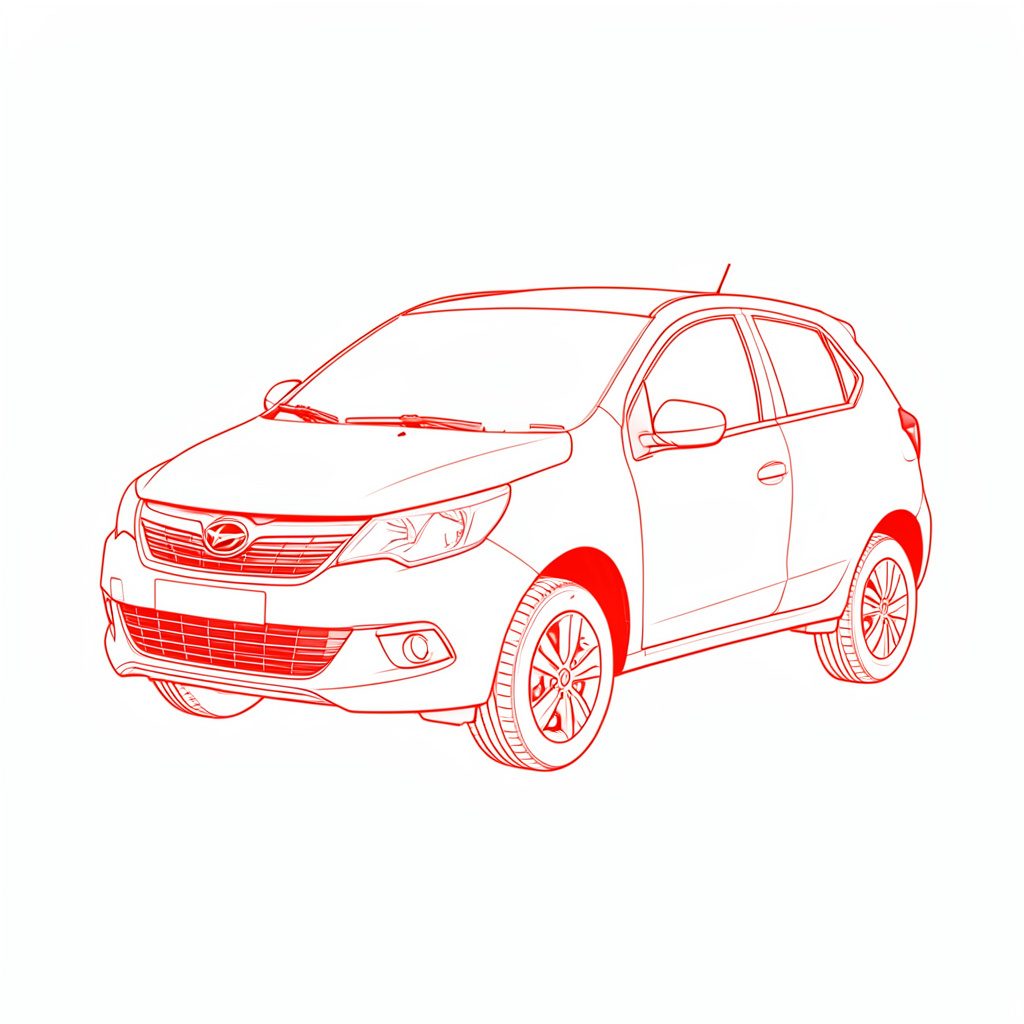 Minimal line drawing of a compact hatchback viewed from the front, charcoal lines on a soft sky-blue tile, calm editorial mood.